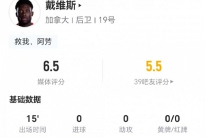 本届首秀：戴维斯替补15分钟6次对抗1成功+1关键传球，获评6.5分