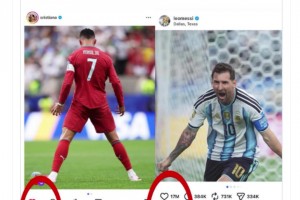 C罗粉丝博主：8小时前vs24小时前对比梅罗帖子点赞数